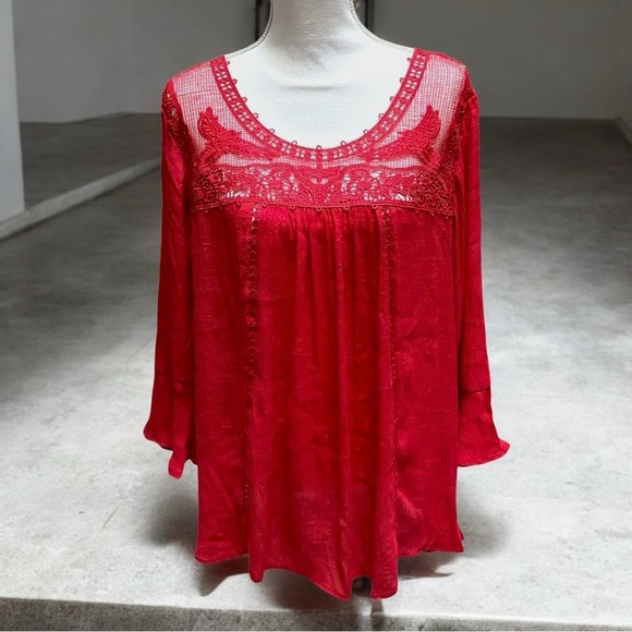 new directions Tops - New Directions Coral Crochet Neck‎ Flare Sleeve Tunic Top